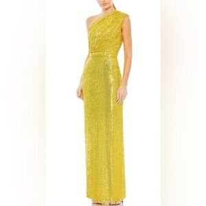 Macduggal Yellow Sequined Ruched One Shoulder Gown 26694